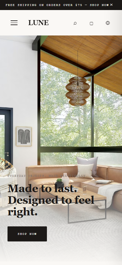 LUNE on mobile — homepage