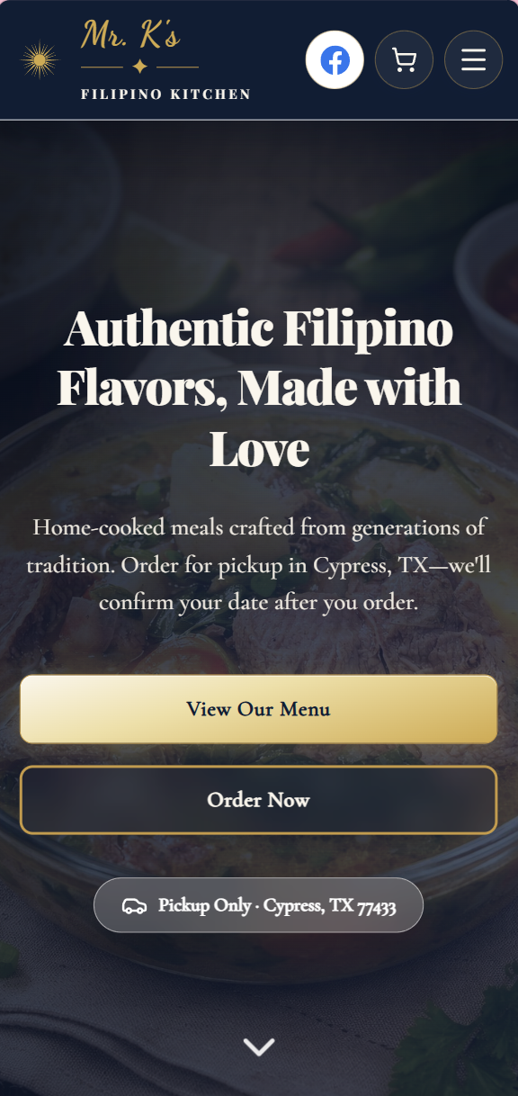 Mr. K's Filipino Kitchen — mobile homepage