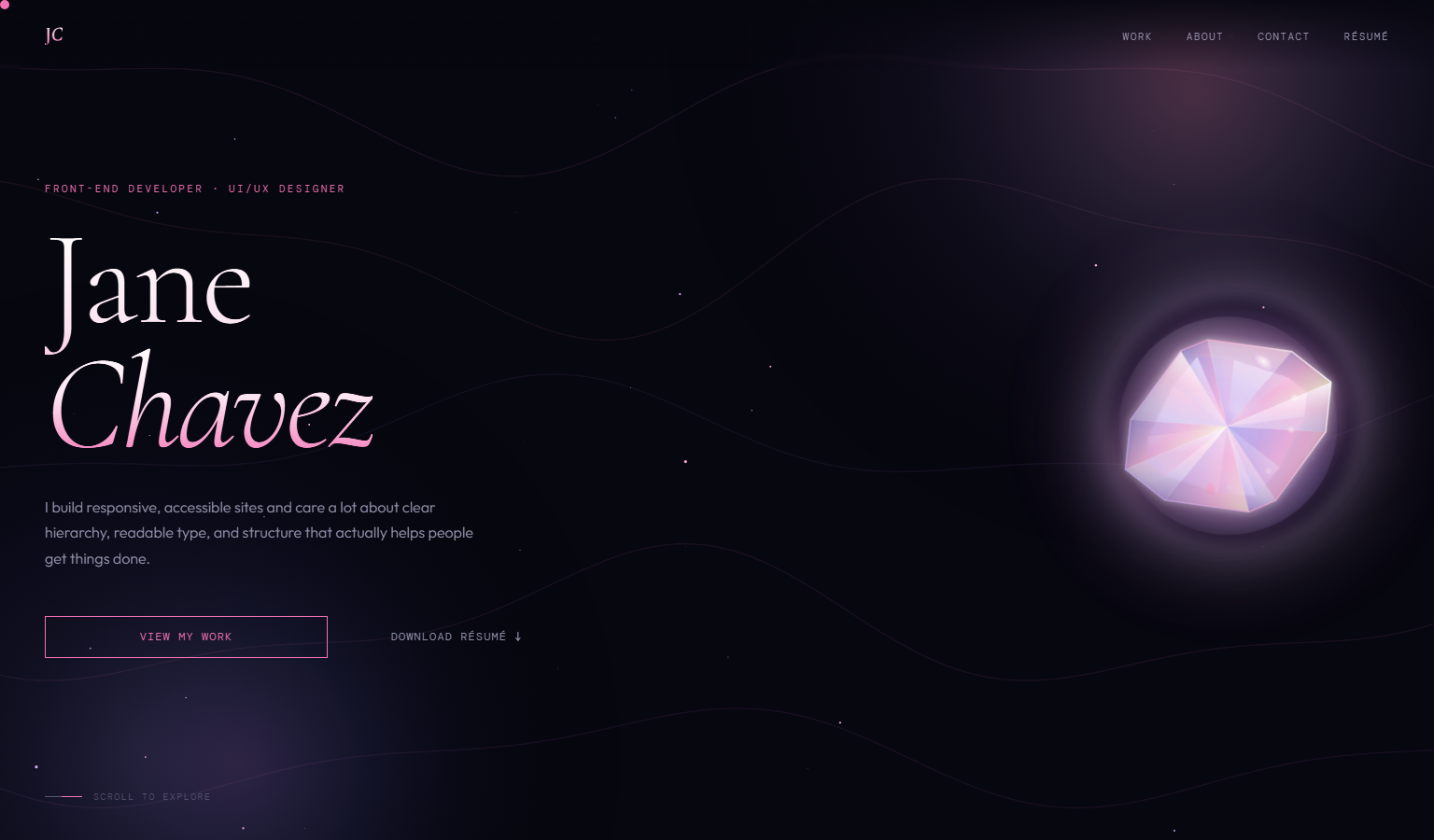 Current portfolio hero on desktop, including grid background and crystal